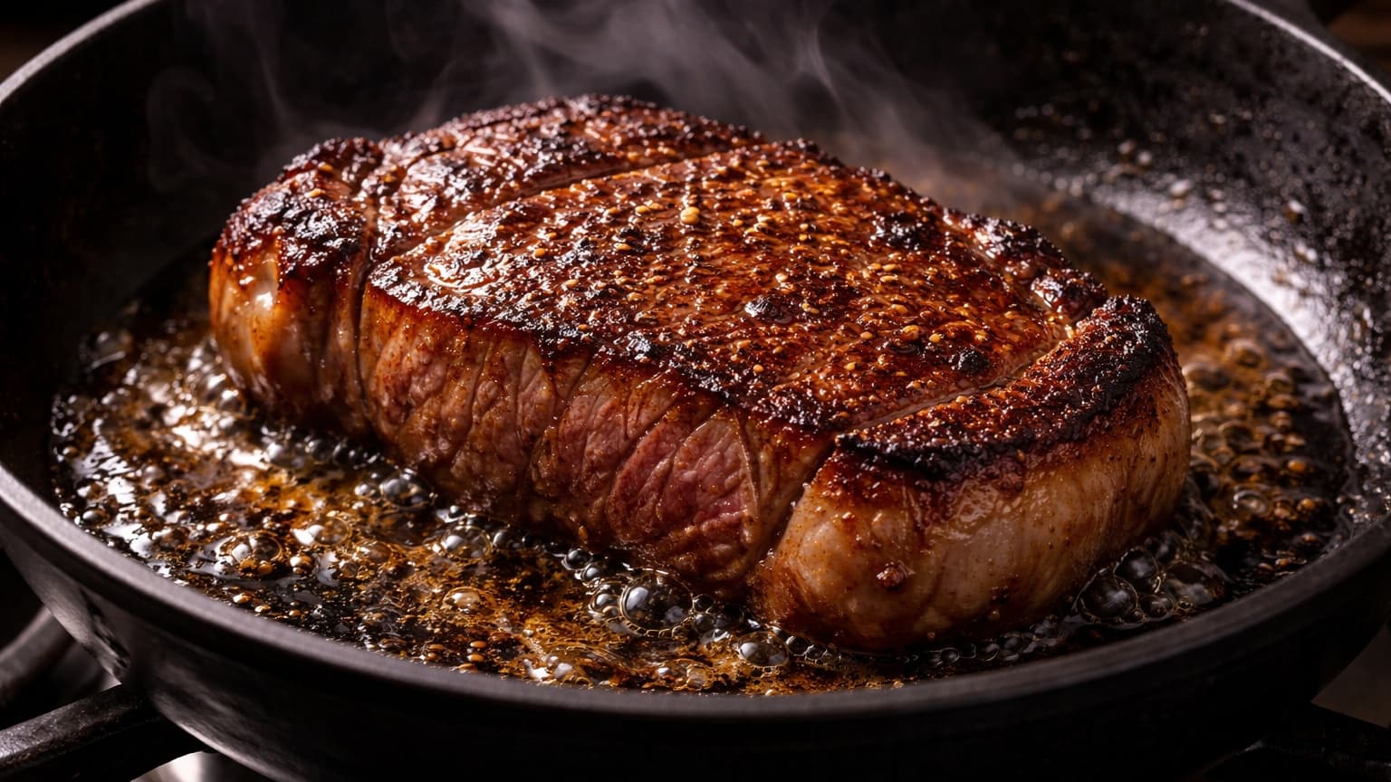 A thick steak searing in a cast iron skillet with a dark golden crust forming on the surface. Oil bubbles around the steak and steam rises. The interior edge shows a hint of pink. Dramatic kitchen lighting emphasizes texture.