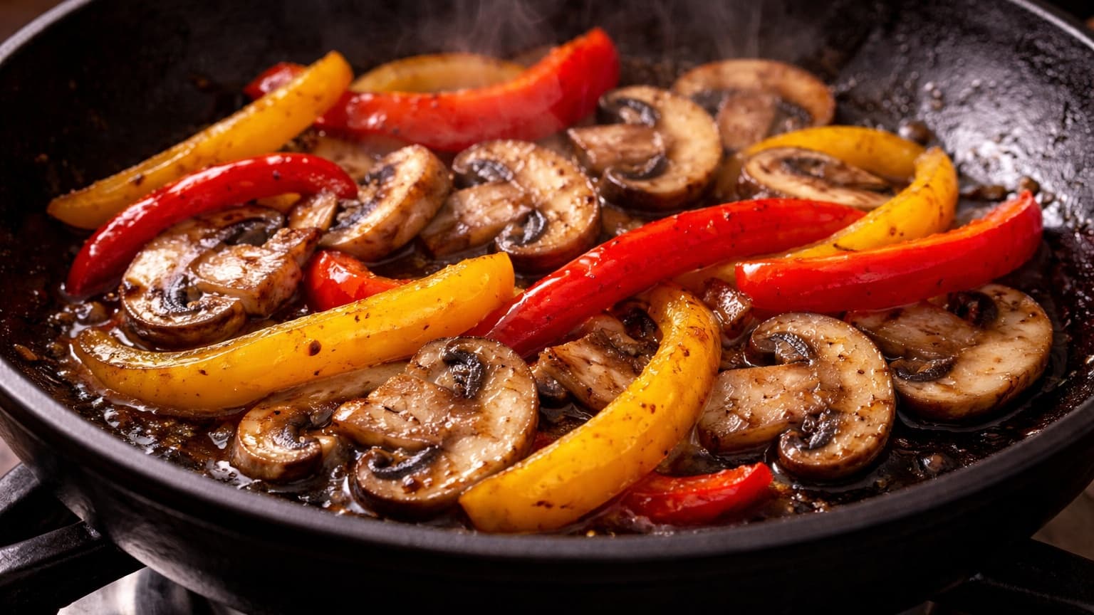A skillet with sliced mushrooms and colorful bell peppers being sautéed. The vegetables have slightly charred edges and glossy surfaces. Steam rises gently, and the colors are vibrant under warm lighting.