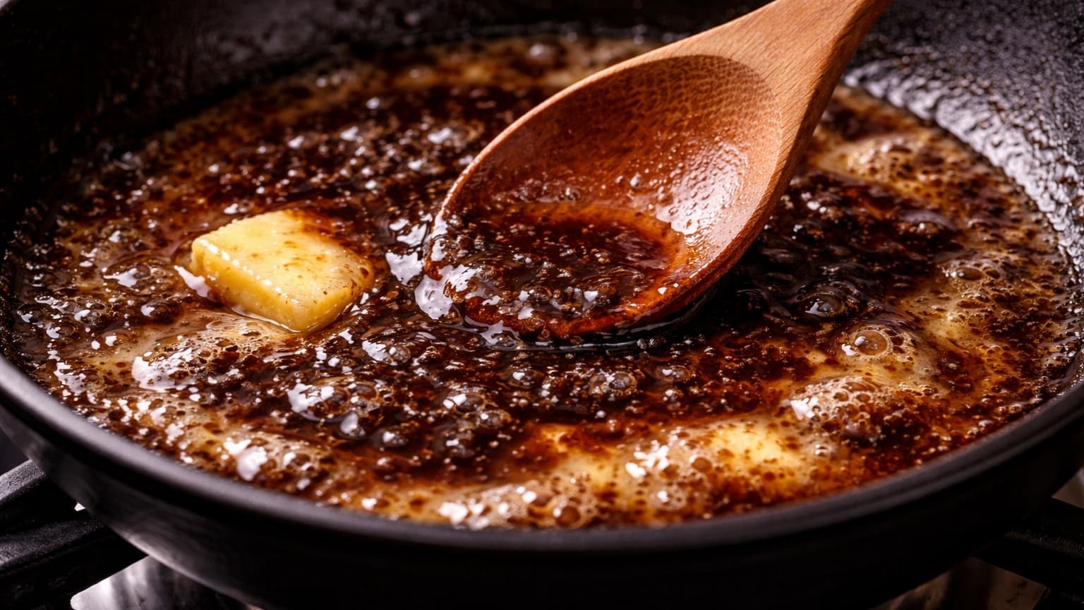Close-up of a skillet where butter melts into soy sauce and miso, forming a thick glossy dark sauce. A wooden spoon stirs the mixture as it bubbles lightly. The lighting highlights the rich texture.