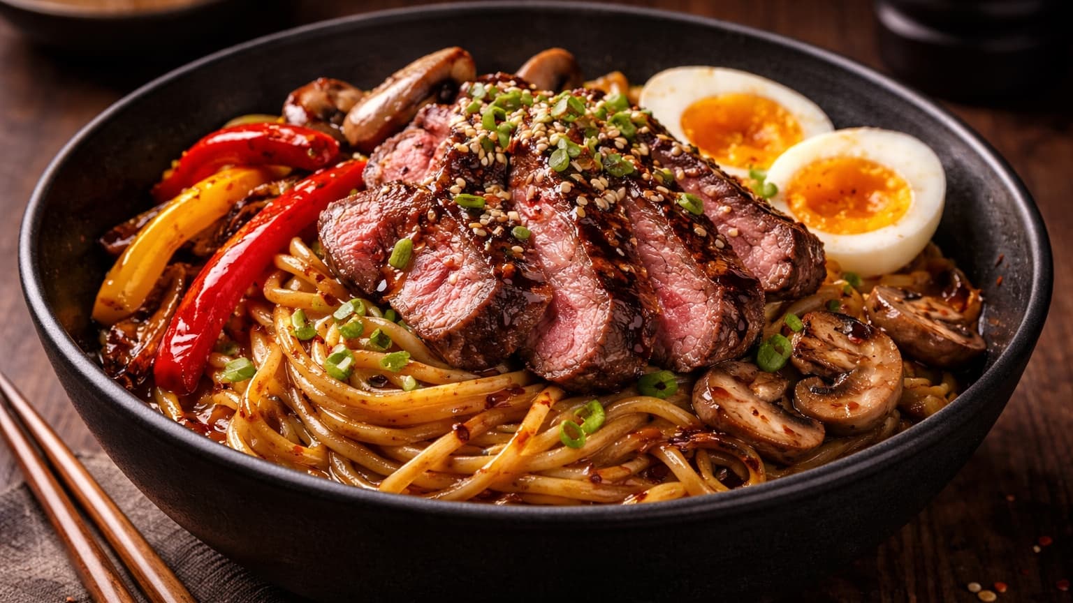 Final plated ramen dish in a black bowl with glossy noodles, sliced steak, vegetables, and eggs. Garnished with green onions, sesame seeds, and chili flakes. The lighting is dramatic and highlights the textures.