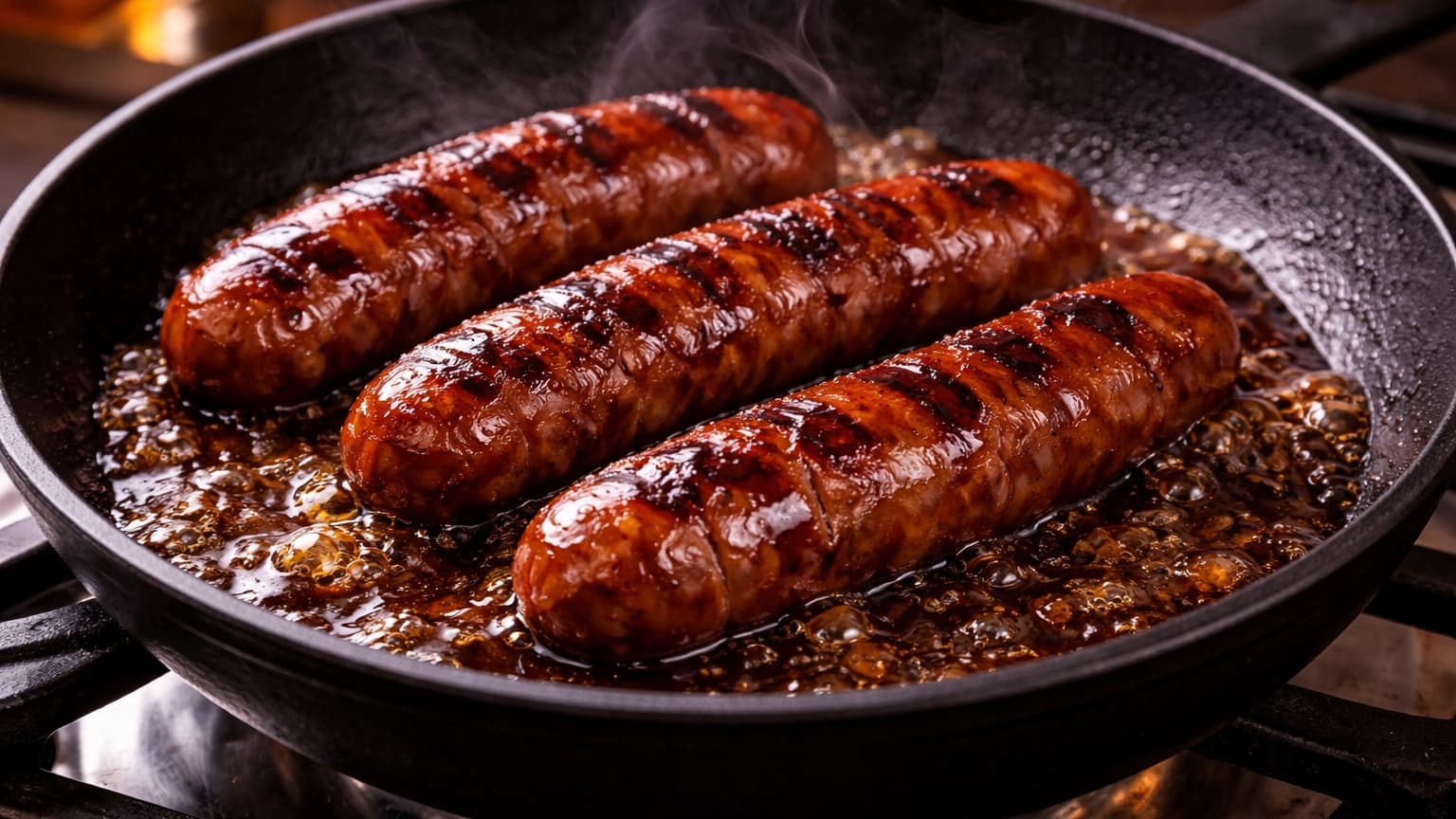 A skillet on a stovetop with sausages being cooked. The sausages are browned with grill-like marks and coated in a shiny teriyaki glaze. The sauce lightly bubbles around them, creating a glossy caramelized surface. Steam rises gently under warm kitchen lighting.