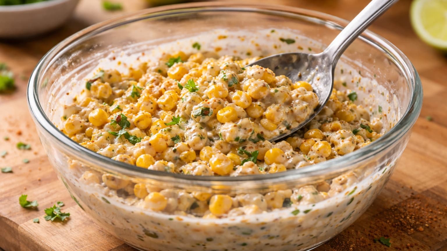 A glass mixing bowl filled with a creamy corn mixture. Bright yellow corn kernels are coated in a pale creamy dressing with visible herbs and chili powder. A spoon is mixing the ingredients. The bowl sits on a light wooden countertop with natural daylight.