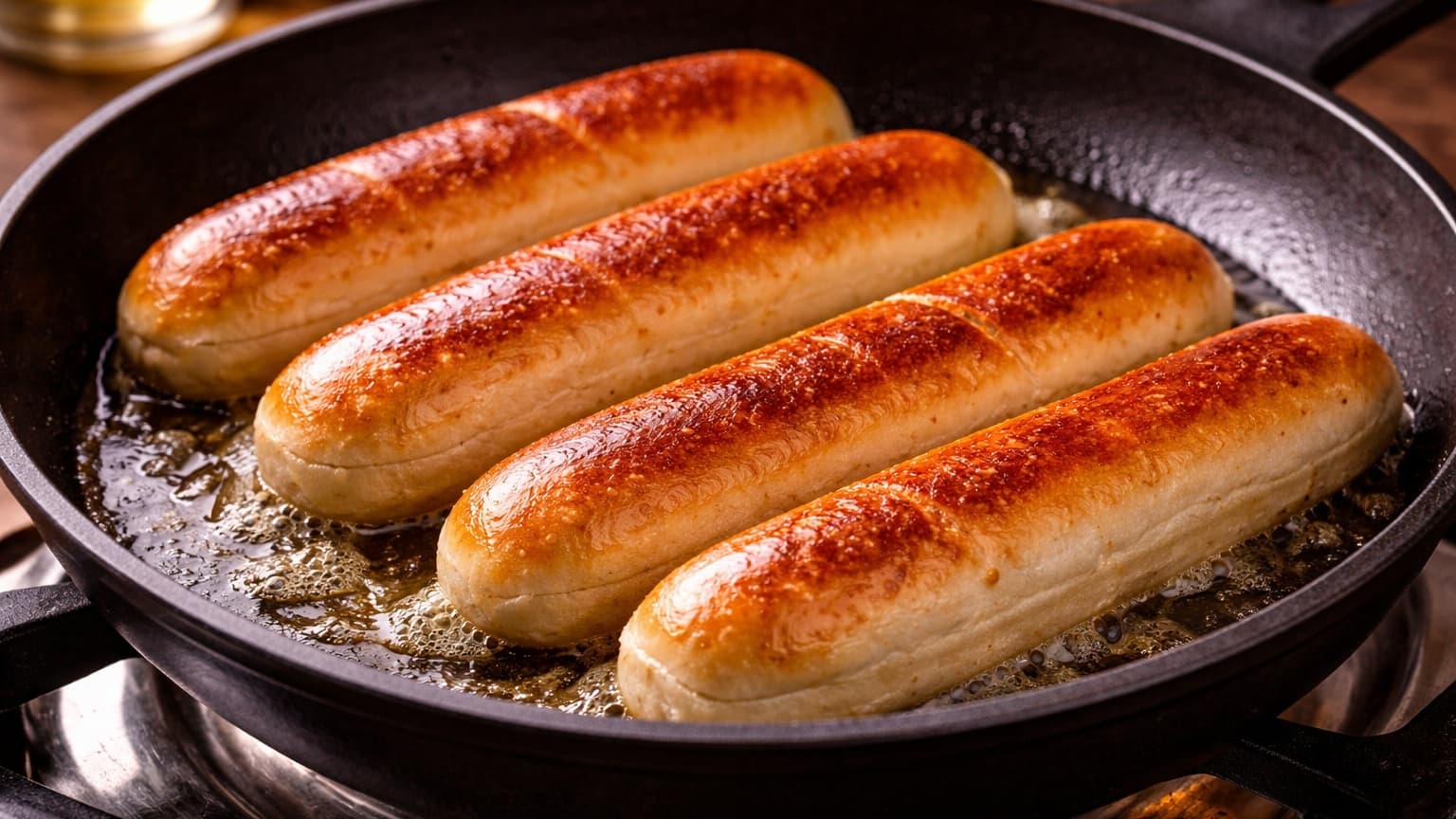 A pan with hot dog buns toasting in a small amount of melted butter. The buns are golden brown with crispy edges and soft interiors. The butter bubbles slightly, and warm lighting highlights the texture.