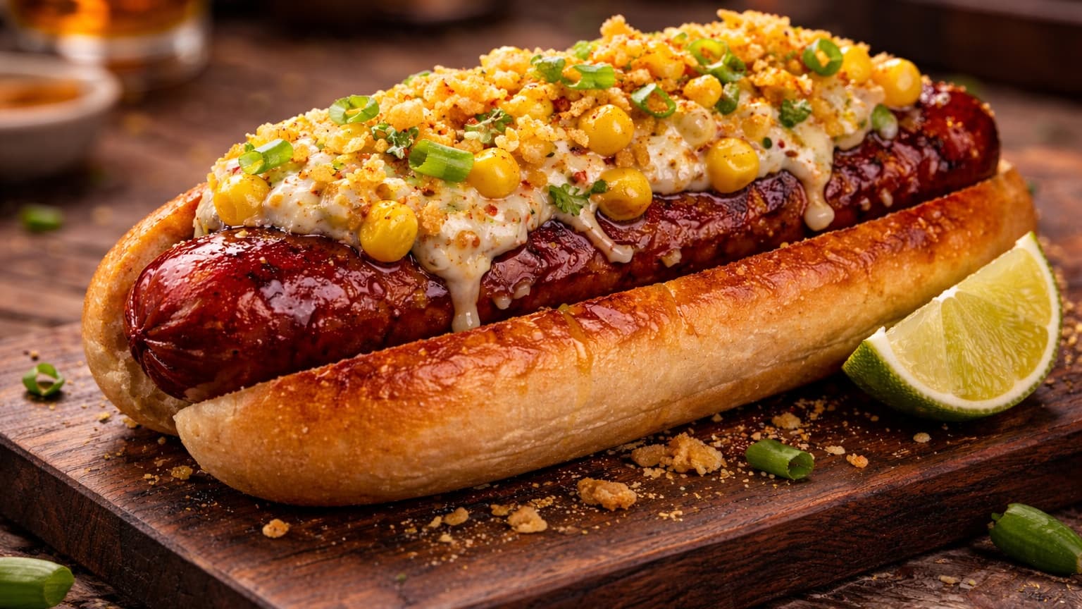 A finished hot dog topped with crispy tempura flakes, sliced green onions, and a dusting of chili powder. The toppings add texture and color contrast. The presentation is vibrant and street-food inspired with a dark wooden background.
