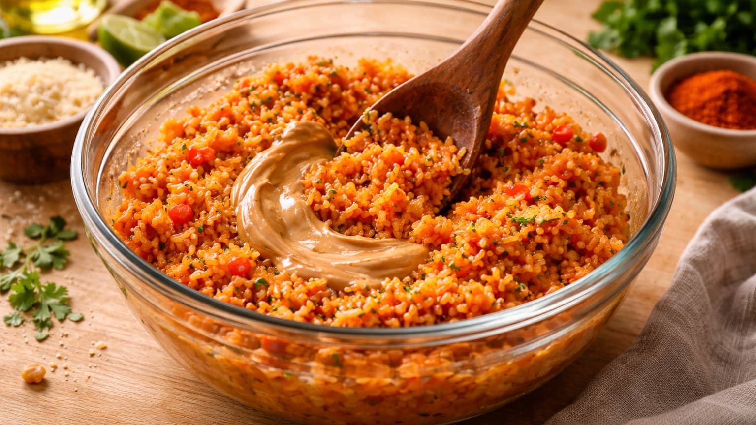 A close-up of a glass mixing bowl filled with orange-red jollof rice being mixed with creamy peanut butter. The rice appears glossy and slightly sticky, with visible seasoning and herbs. A wooden spoon is folding the mixture. The bowl sits on a light wooden countertop with natural daylight highlighting the textures.