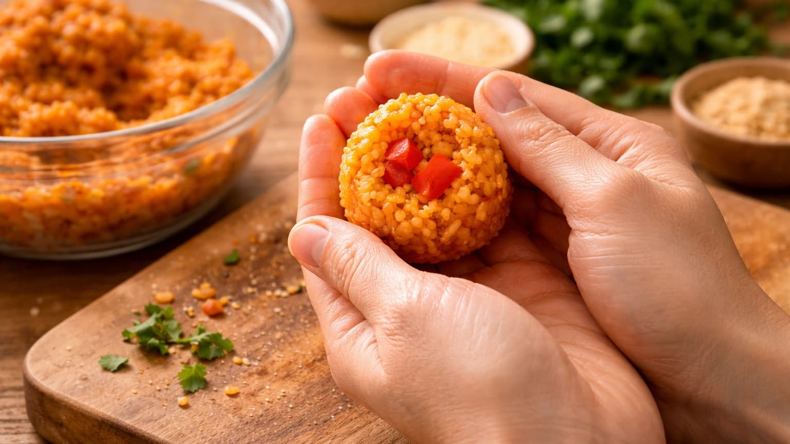 Hands shaping a small rice ball over a wooden cutting board. The rice mixture is bright orange with a creamy texture, and small red pepper cubes are visible in the center before sealing. The ball is about the size of a golf ball. Soft kitchen lighting highlights the detail.
