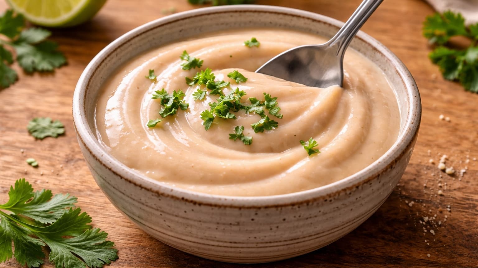 A small ceramic bowl with creamy beige yogurt sauce being stirred with a spoon. The sauce has a smooth texture with a slight glossy finish. The bowl sits on a wooden surface with soft natural light.