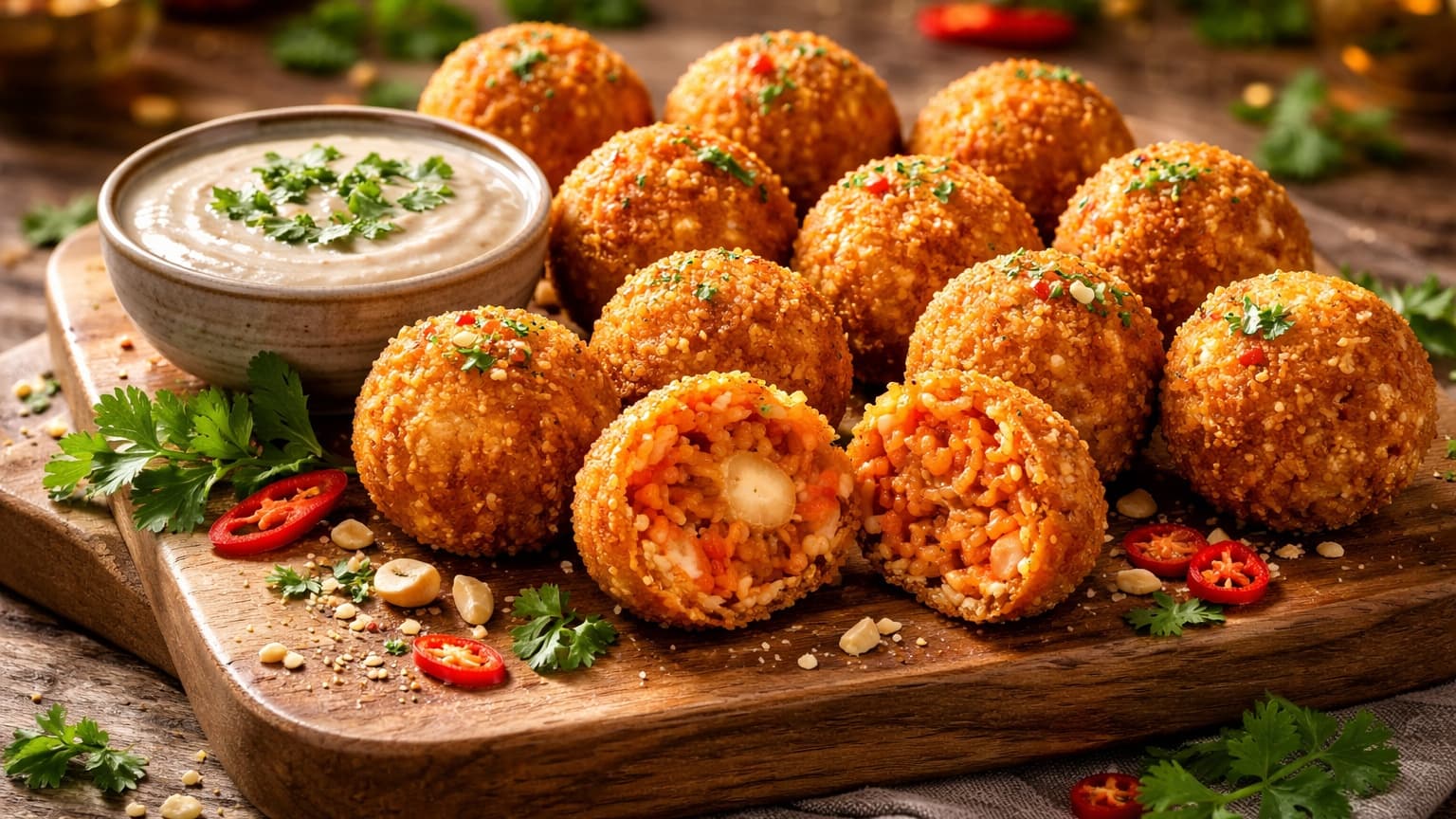 A serving platter with golden arancini balls arranged neatly, sprinkled with fresh green cilantro. A small bowl of dipping sauce sits beside them. The scene is warm and inviting, with a rustic wooden table and soft festive lighting in the background.