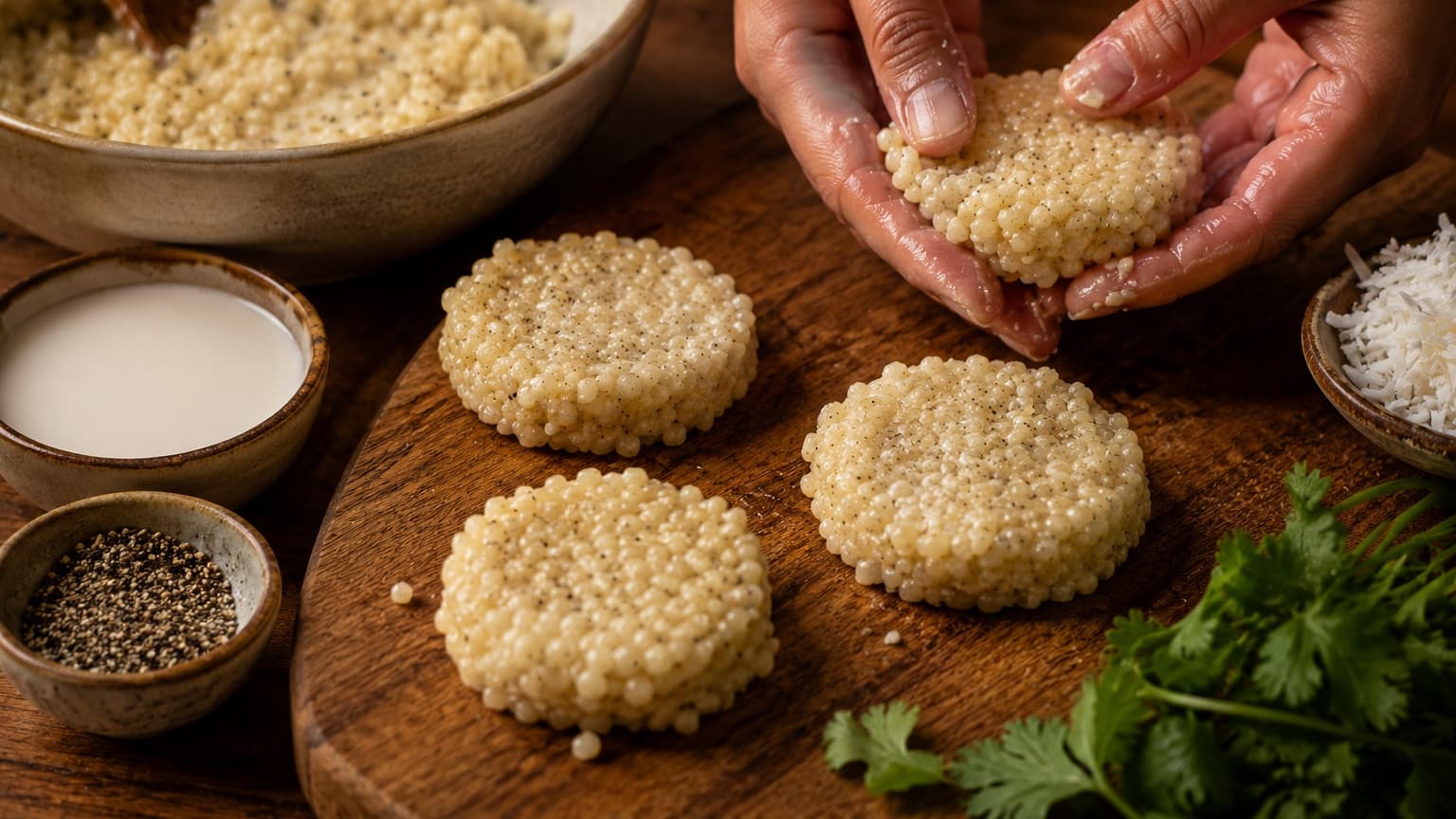 Close-up view of creamy millet mixture being shaped into small round cakes by hand on a wooden cutting board. The millet cakes are pale golden-white with visible grain texture and a slight coconut sheen. Nearby are small bowls of coconut milk, black pepper, and fresh herbs. Warm kitchen lighting creates soft shadows and a cozy artisanal atmosphere.