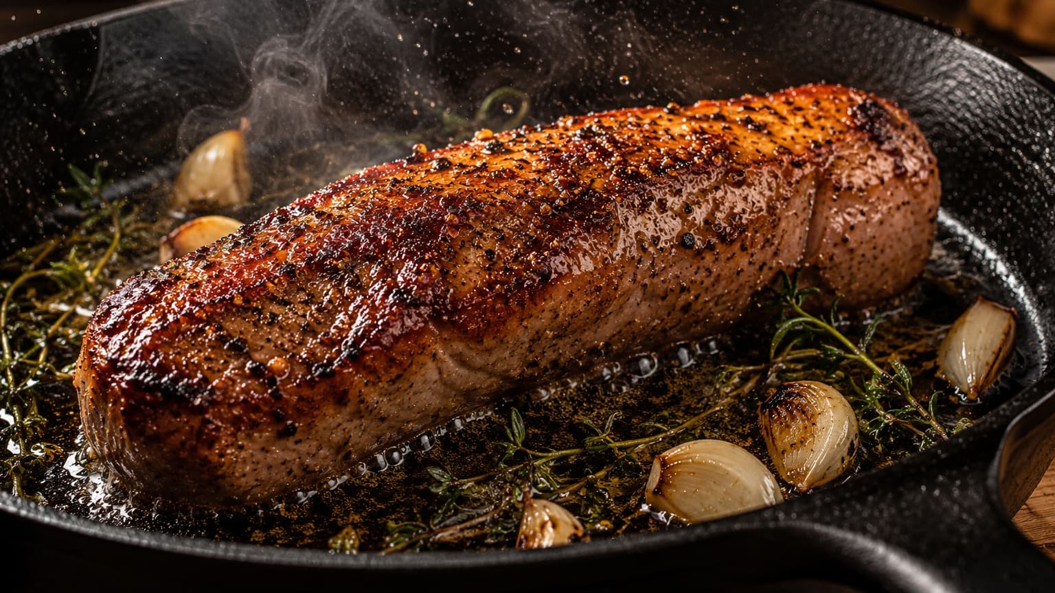 A thick pork tenderloin searing in a dark cast-iron pan with sizzling oil. The pork has a rich golden-brown crust with slight charred edges and visible seasoning. Steam and droplets of oil rise dramatically under warm overhead kitchen lighting. Garlic cloves and herbs are scattered around the pan for visual richness.