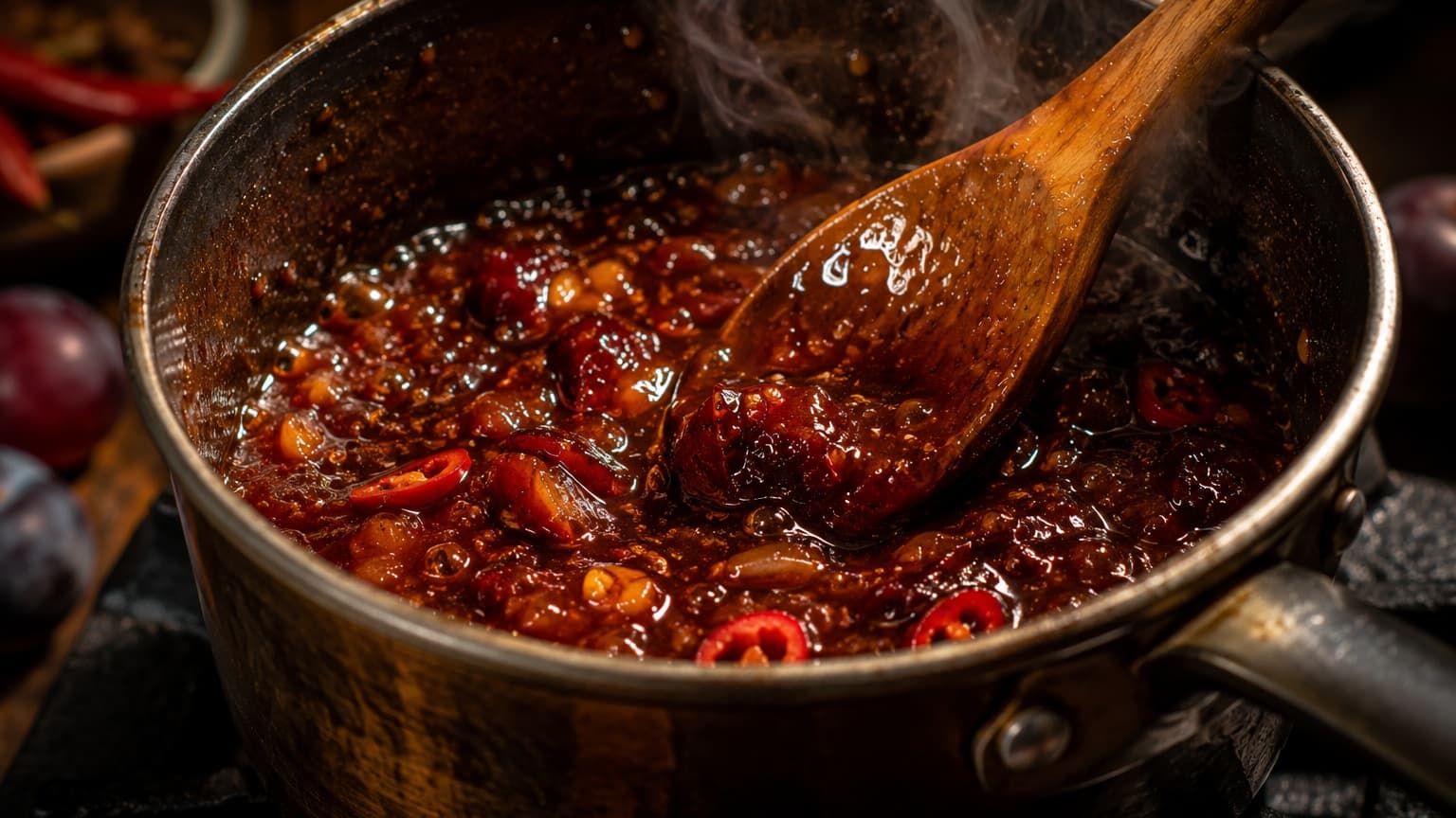 A small saucepan filled with thick glossy tamarind-plum sauce bubbling gently. The sauce is deep reddish-brown with visible chunks of softened plum and red chili slices. Steam rises softly while a wooden spoon stirs the mixture. The scene is warmly lit with a dark kitchen background and reflective highlights on the glaze.