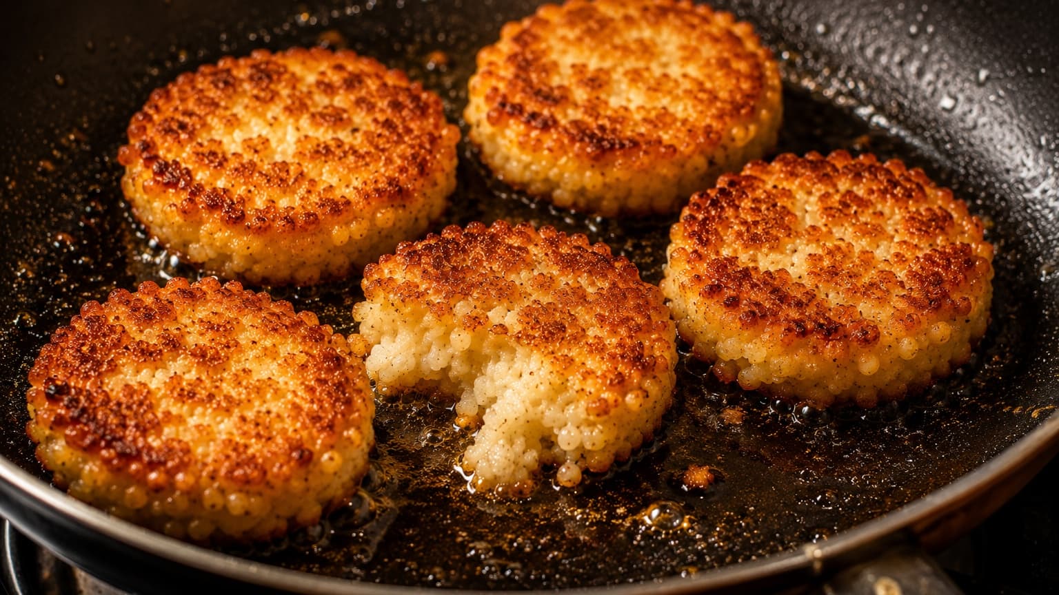Golden coconut millet cakes frying in a shallow pan with light sizzling oil. The cakes are crisp and caramelized on the surface with textured edges and creamy interiors visible in one slightly broken piece. Warm golden lighting highlights the crunchy exterior and rich color contrast.