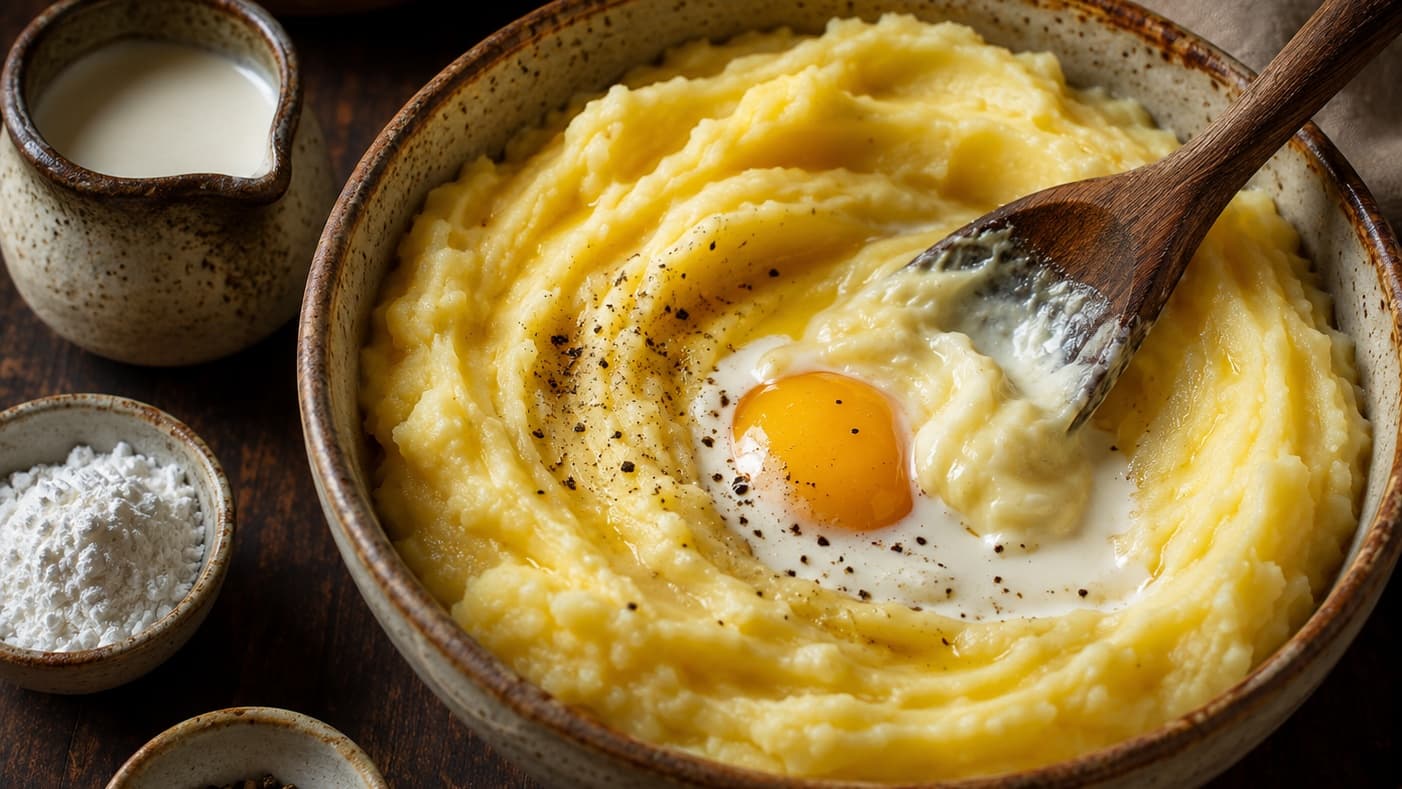A rustic ceramic bowl filled with silky mashed potatoes being mixed with cream and egg yolk using a wooden spoon. The potato mixture is pale golden with a smooth glossy texture. Small bowls of potato starch, black pepper, and cream sit nearby on a dark wooden counter. Warm kitchen lighting creates soft highlights and a cozy artisanal atmosphere.