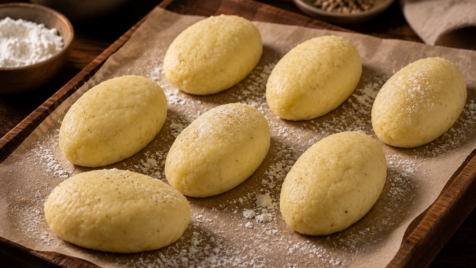 Several handmade oval potato pillows resting on parchment paper over a wooden tray. The potato shapes have soft rounded edges and a creamy pale golden color with slight surface texture. A dusting of potato starch is scattered lightly around them. Warm overhead lighting creates gentle shadows and elegant food styling.