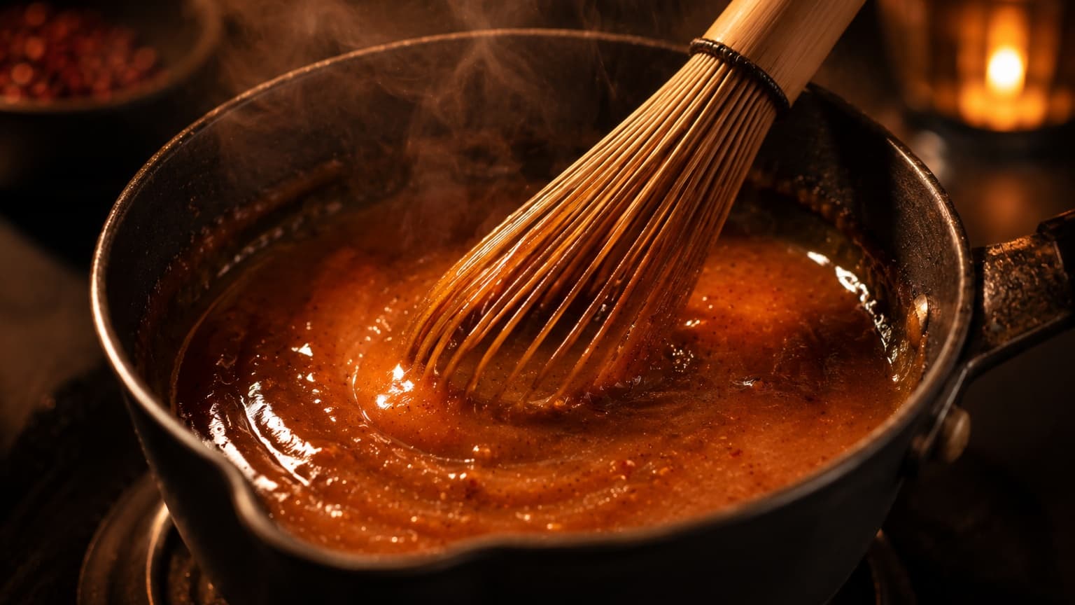 A small dark saucepan filled with glossy amber miso tamarind butter sauce being stirred with a wooden whisk. The sauce has a thick velvety texture with reddish-brown tones and reflective highlights. Steam rises softly under warm cinematic kitchen lighting against a dark blurred background.