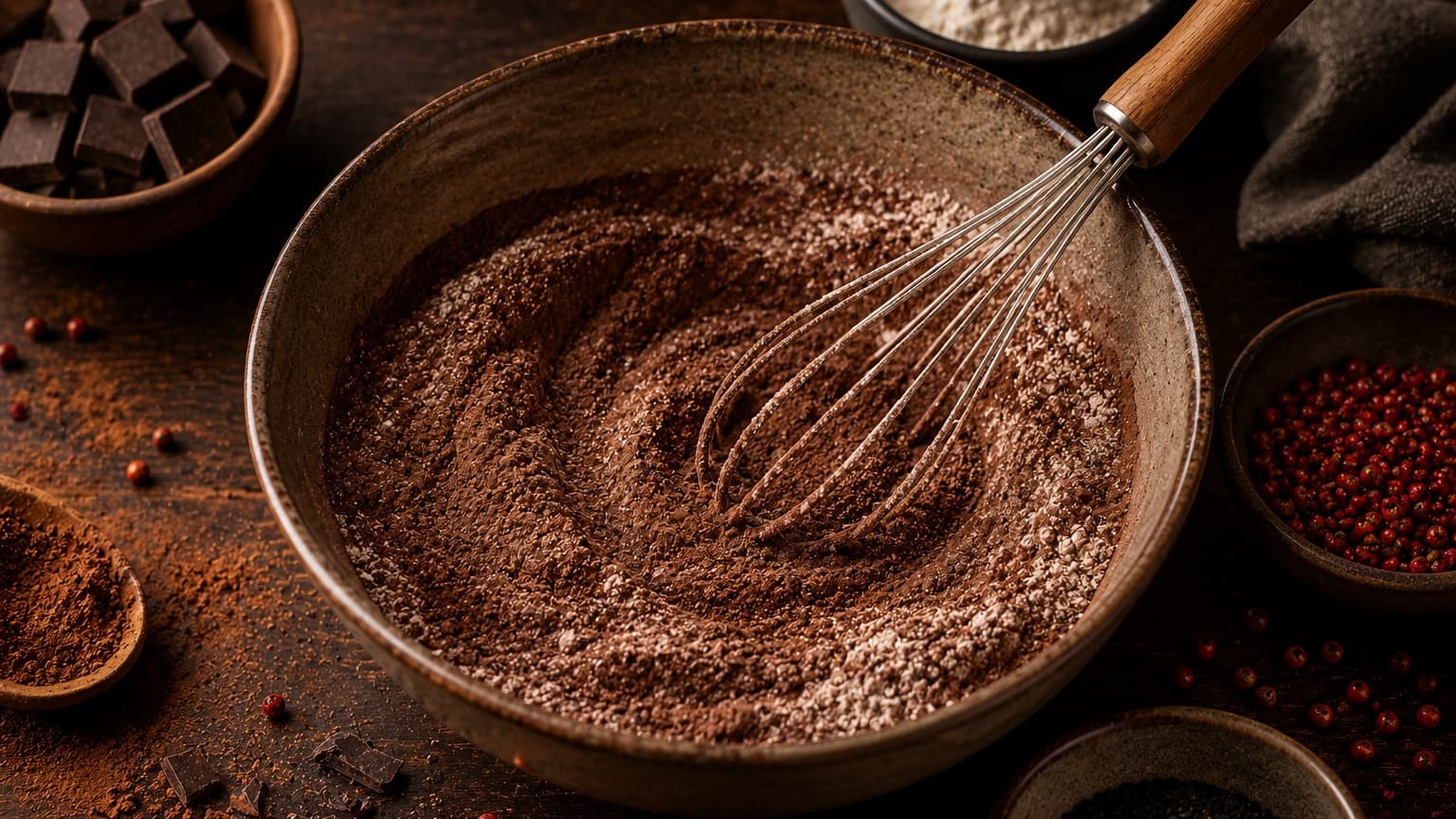 A rustic mixing bowl filled with dark cocoa flour mixture being whisked together. Fine cocoa powder creates soft dusty textures while warm overhead lighting highlights the rich brown tones. Nearby are small bowls of pink peppercorns, black sesame seeds, and chunks of dark chocolate arranged on a dark wooden counter in an elegant artisanal baking setup.