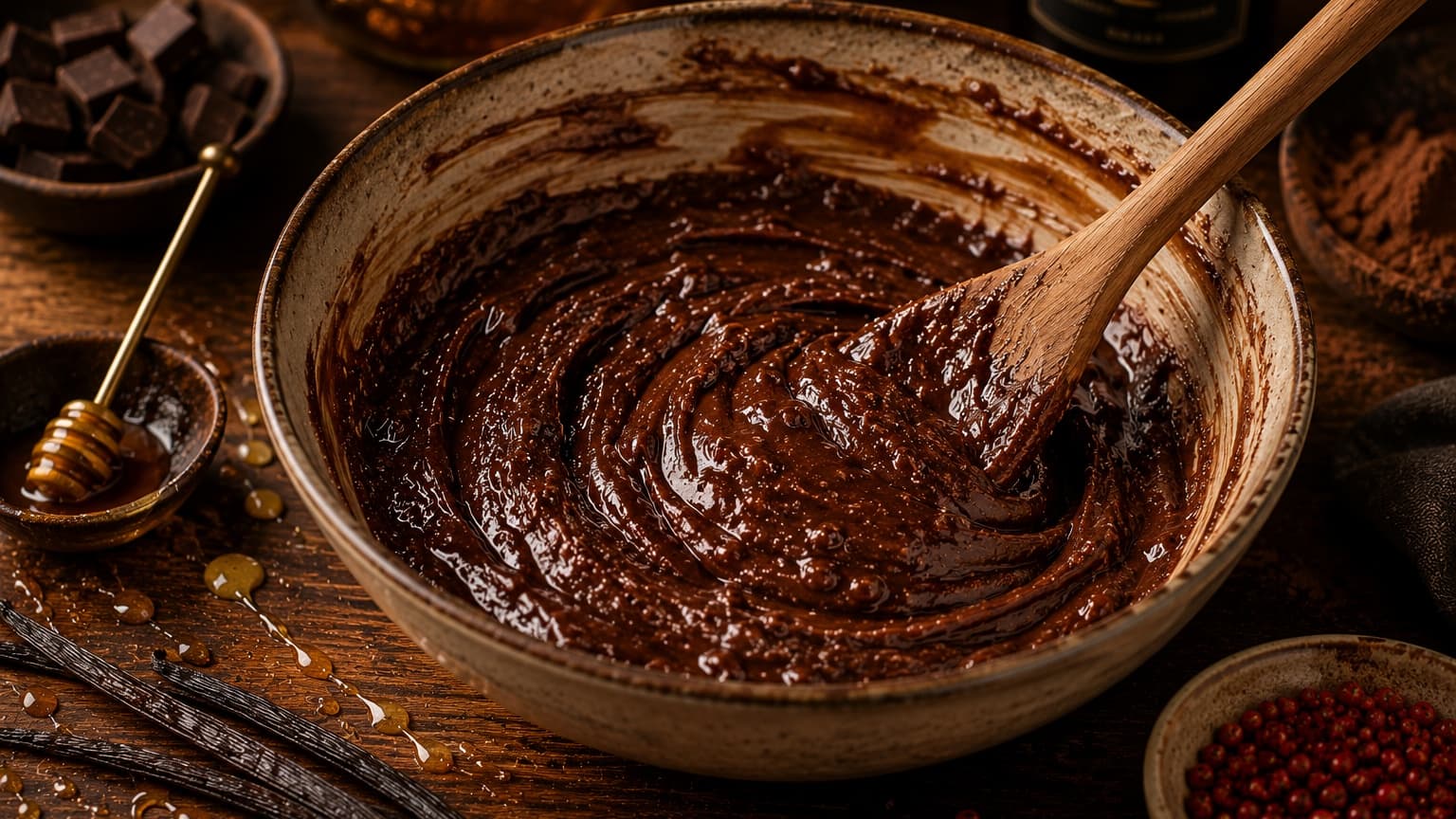 generate another image A glossy dark caramel-colored cookie batter being mixed in a ceramic bowl with a wooden spoon. The mixture looks silky and rich with ribbons of burnt honey visible throughout. Warm amber kitchen lighting creates reflective highlights while vanilla pods and honey drizzle decorate the surrounding wooden countertop.