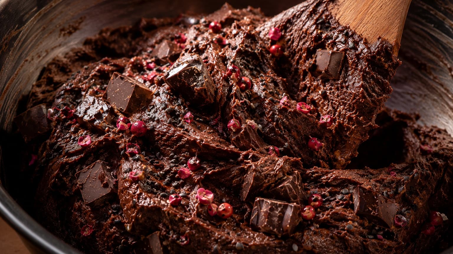 Thick dark chocolate cookie dough being folded with large glossy chocolate chunks, pink peppercorn fragments, and black sesame seeds visible throughout. The dough has a luxurious textured appearance with dramatic warm side lighting and rich bakery-style atmosphere.