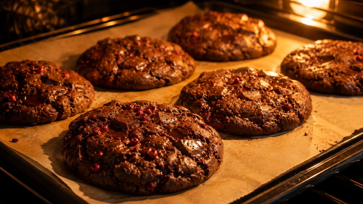 Several thick chocolate cookies baking on parchment paper inside a warmly lit oven. The cookies have cracked tops, bubbling melted chocolate pockets, and visible pink peppercorn specks. Golden oven light creates dramatic highlights and cozy bakery atmosphere.