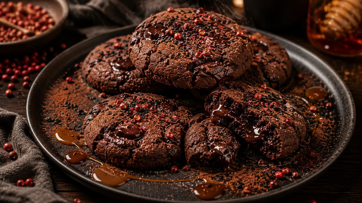 An elegant dessert plate holding thick dark cocoa cookies with cracked glossy surfaces and melted chocolate centers. Pink peppercorn dust, black sesame seeds, and flaky sea salt sparkle under warm cinematic lighting. One cookie is broken open, revealing gooey molten chocolate inside. Burnt honey caramel drips across the matte black plate while scattered peppercorns and cocoa powder decorate the dark wooden table background.