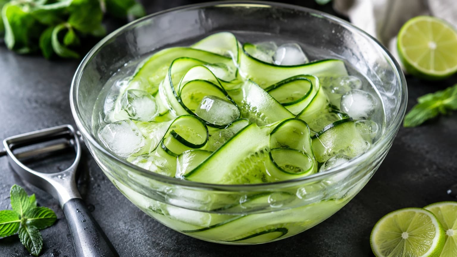 A close-up culinary scene showing long translucent cucumber ribbons floating in a clear glass bowl filled with ice water. Small ice cubes sparkle under bright natural kitchen light. The ribbons curl gracefully with vivid green edges. A vegetable peeler rests nearby on a dark stone countertop. Fresh herbs and lime slices decorate the background. Professional food preparation photography, highly detailed textures, shallow depth of field.