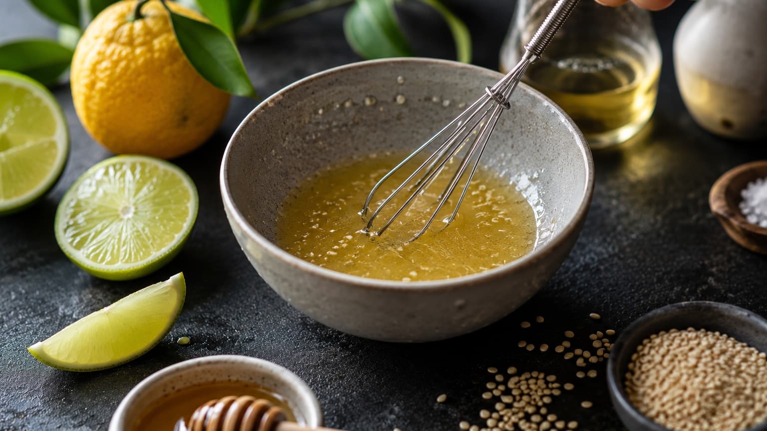 A small matte ceramic bowl containing a glossy pale-gold citrus dressing being whisked with a miniature metal whisk. Tiny droplets cling to the sides of the bowl. Lime halves, yuzu fruit, honey, and sesame seeds are arranged around the bowl on a dark stone surface. Soft natural lighting creates delicate highlights and shadows. High-end food preparation photography.