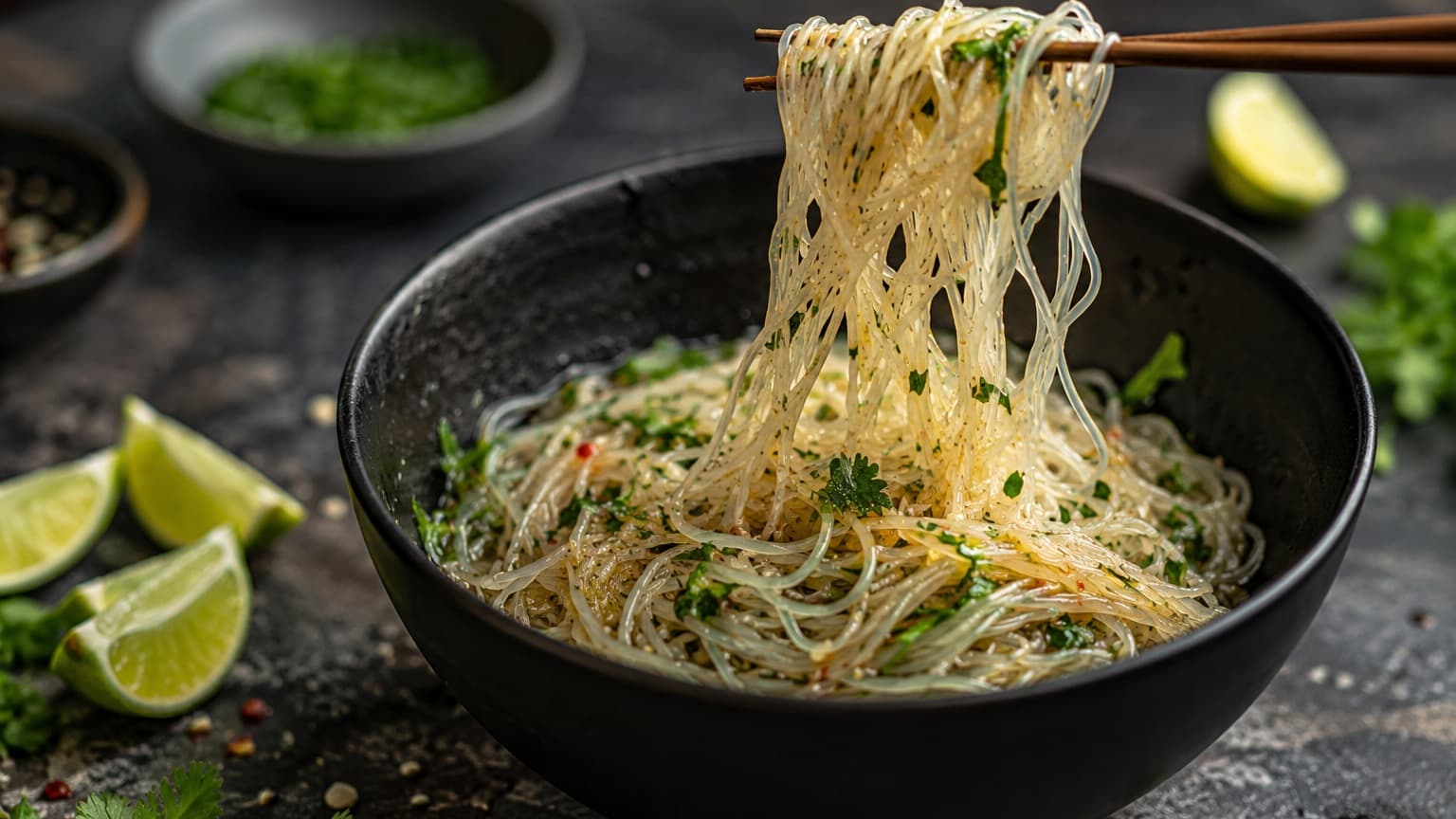 Translucent chilled rice noodles being gently tossed in a matte black mixing bowl. The noodles appear glossy from a light citrus dressing. Wooden chopsticks lift a portion of noodles into the air. Small droplets of dressing catch warm light. Lime wedges and fresh herbs sit nearby on a textured charcoal countertop. Detailed food photography with realistic textures.