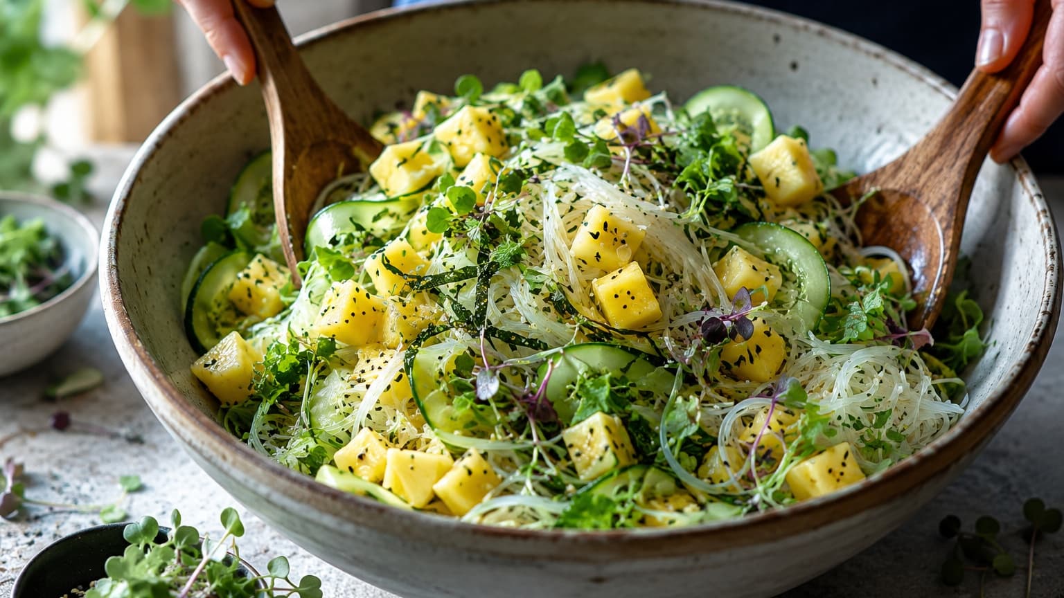 A large ceramic mixing bowl filled with golden pineapple cubes, emerald shiso strips, bright microgreens, pale cucumber ribbons, and glossy rice noodles. The ingredients are being gently folded together with wooden utensils. Colors are vibrant and fresh. Natural daylight illuminates the scene from the side. Modern artisanal kitchen atmosphere, highly detailed food photography.