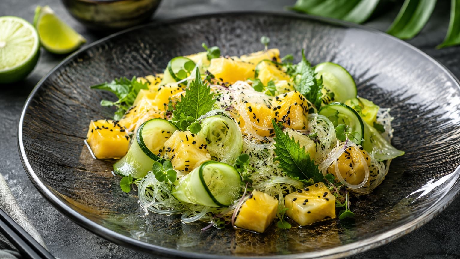 An elegant finished fusion salad plated on a transparent smoked-glass plate. Curled cucumber ribbons surround glossy rice noodles and golden pineapple cubes. Deep green shiso leaves and microgreens create contrast. Black sesame seeds are delicately scattered across the surface. Minimalist fine-dining presentation on a dark stone table with soft natural lighting and subtle reflections. Ultra realistic restaurant-quality food photography.